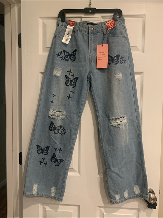 Denim - Light Blue Women's Wide Leg Jeans with Butterfly Print